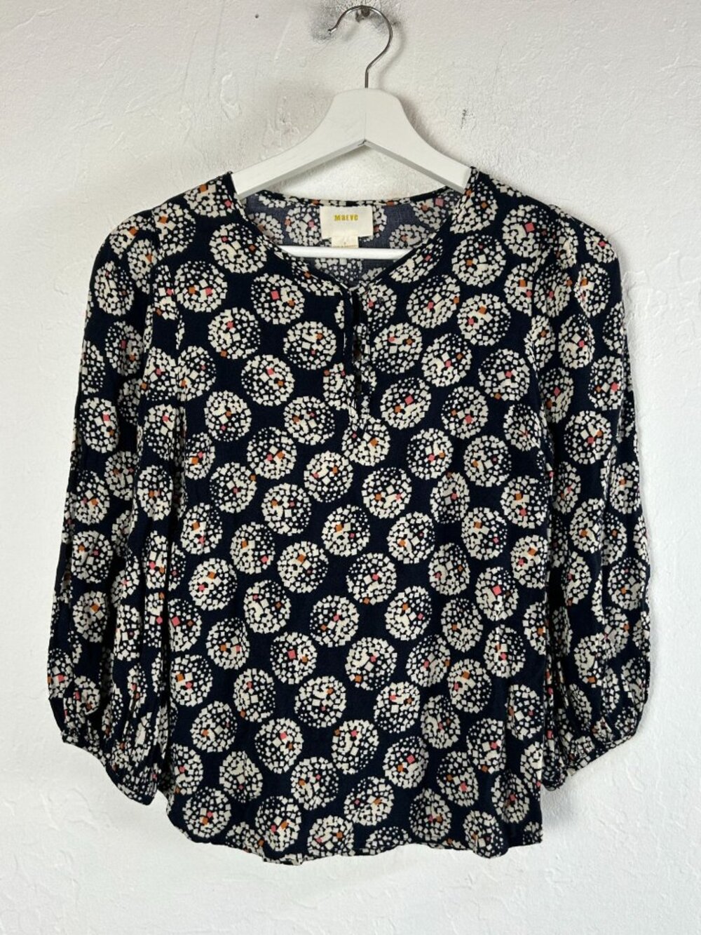 Anthropologie Maeve Womens Confetti Ball Blouse Top Size 0 Navy White 3/4 Sleeve